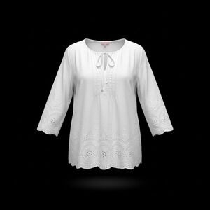 Saint Tropez West White Linen Blend Eyelet Embroidered Cottage Boho Top Plus 1X